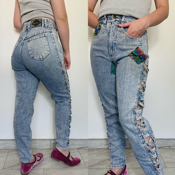 Watch LA | Vintage 80s 90s Curvy Acid-Washed Patchwork Cut-Out Skinny Jeans - Picture 1 of 17